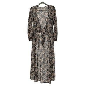 L*Space Womens XS Black Tan Floral Sheer Maxi Duster Cardigan Tie Front Cover Up